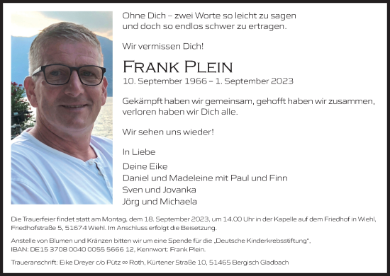 Anzeige von Frank Plein von Kölner Stadt-Anzeiger / Kölnische Rundschau / Express