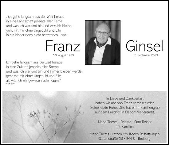 Anzeige von Franz Ginsel von  Werbepost 