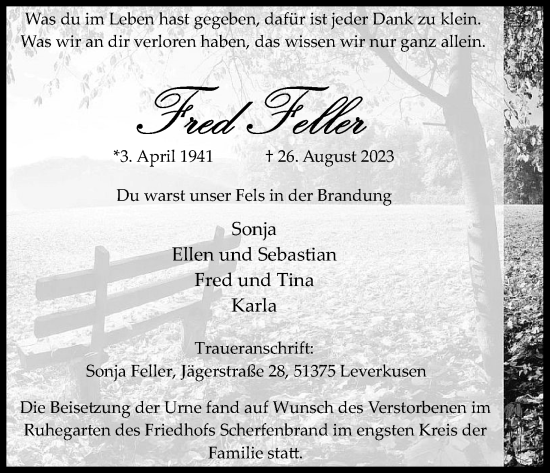 Anzeige von Fred Feller von Kölner Stadt-Anzeiger / Kölnische Rundschau / Express