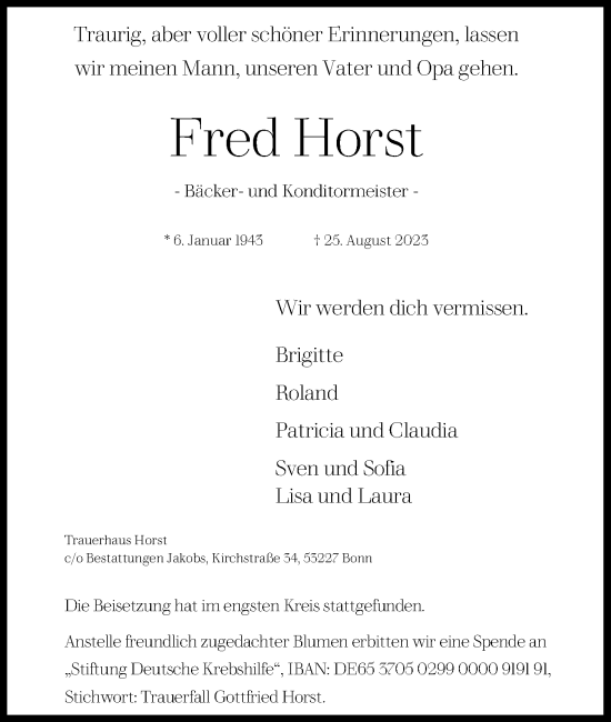 Anzeige von Fred Horst von Kölner Stadt-Anzeiger / Kölnische Rundschau / Express