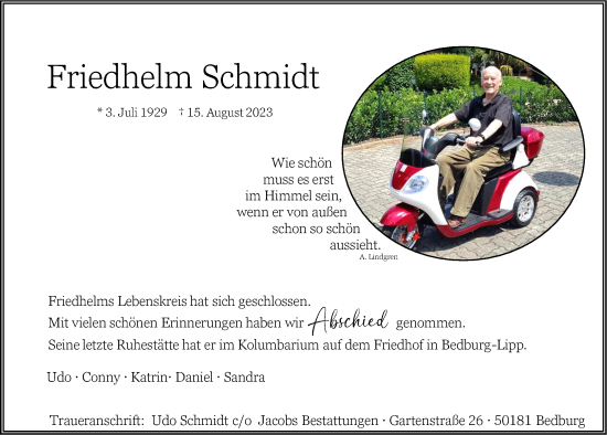 Anzeige von Friedhelm Schmidt von  Werbepost 