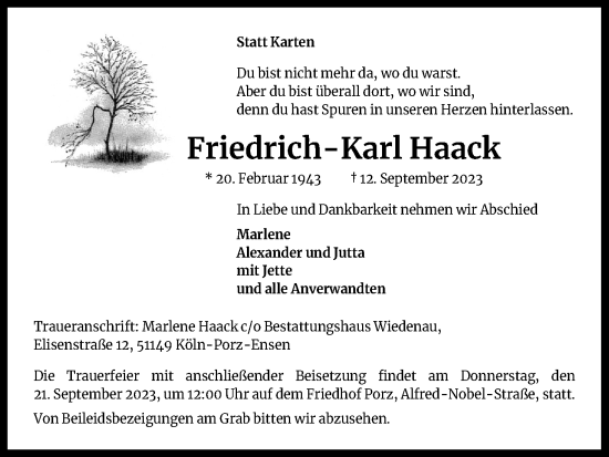Anzeige von Friedrich-Karl Haack von Kölner Stadt-Anzeiger / Kölnische Rundschau / Express