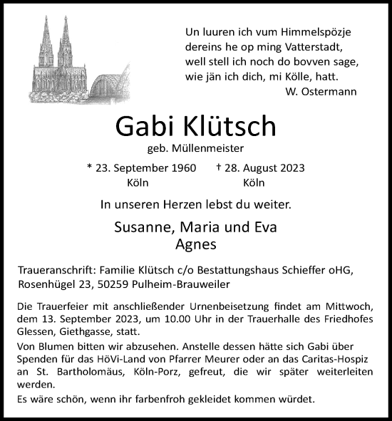 Anzeige von Gabi Klütsch von Kölner Stadt-Anzeiger / Kölnische Rundschau / Express