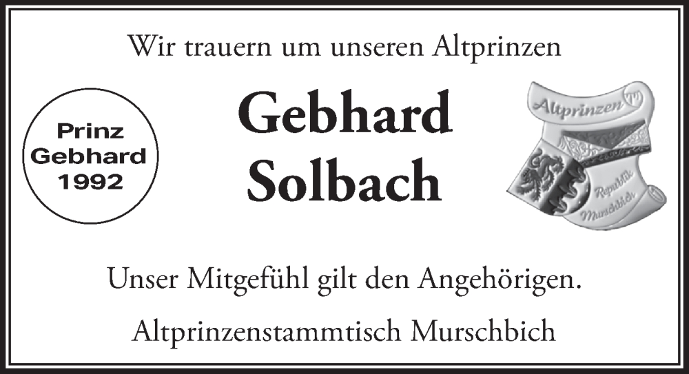  Traueranzeige für Gebhard Solbach vom 22.09.2023 aus  Lokalanzeiger 