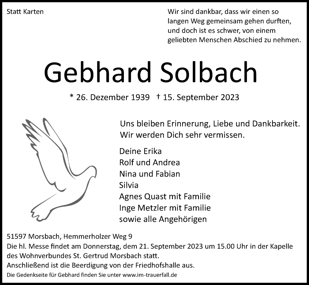  Traueranzeige für Gebhard Solbach vom 19.09.2023 aus Kölner Stadt-Anzeiger / Kölnische Rundschau / Express
