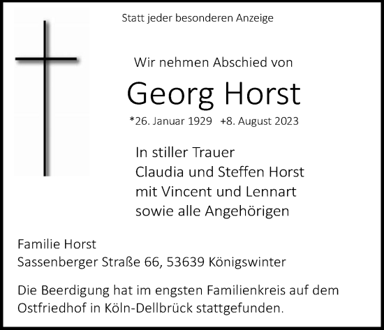 Anzeige von Georg Horst von Kölner Stadt-Anzeiger / Kölnische Rundschau / Express