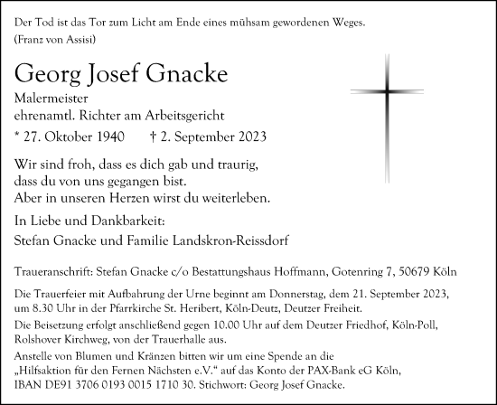Anzeige von Georg Josef Gnacke von Kölner Stadt-Anzeiger / Kölnische Rundschau / Express