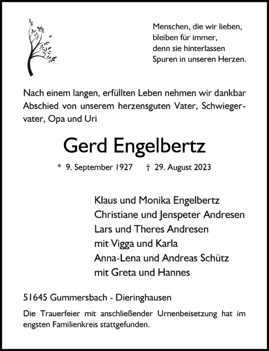 Anzeige von Gerd Engelbertz von  Anzeigen Echo 