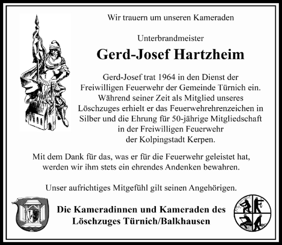 Anzeige von Gerd-Josef Hartzheim von  Werbepost 