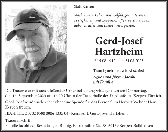 Anzeige von Gerd-Josef Hartzheim von  Werbepost 