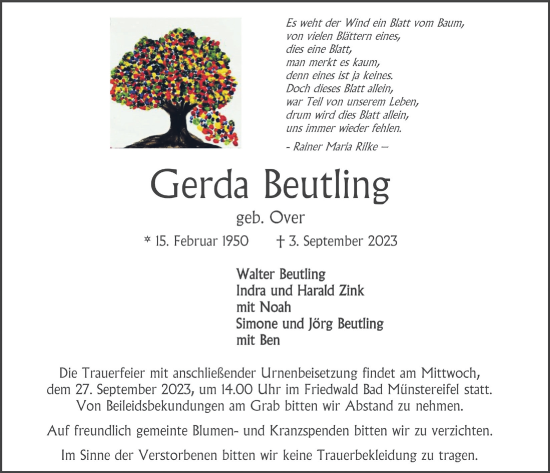 Anzeige von Gerda Beutling von  Blickpunkt Euskirchen 