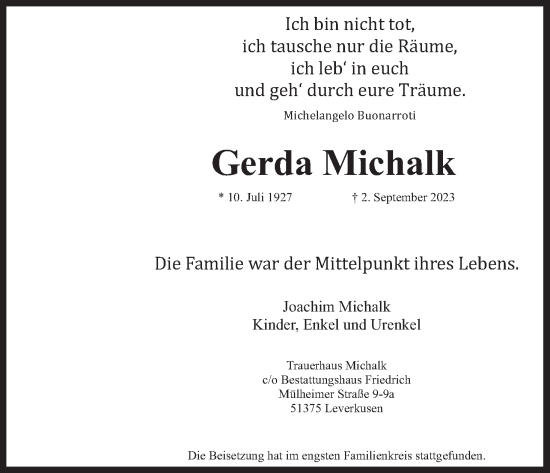 Anzeige von Gerda Michalk von Kölner Stadt-Anzeiger / Kölnische Rundschau / Express