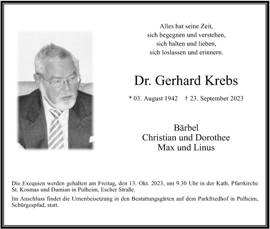 Anzeige von Gerhard Krebs von Kölner Stadt-Anzeiger / Kölnische Rundschau / Express