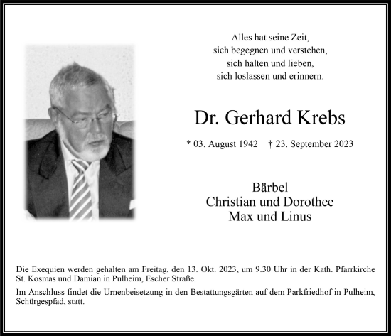 Anzeige von Gerhard Krebs von  Wochenende 