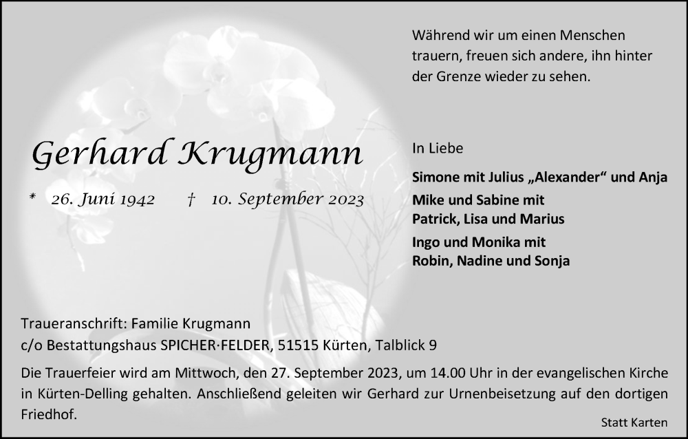  Traueranzeige für Gerhard Krugmann vom 16.09.2023 aus Kölner Stadt-Anzeiger / Kölnische Rundschau / Express