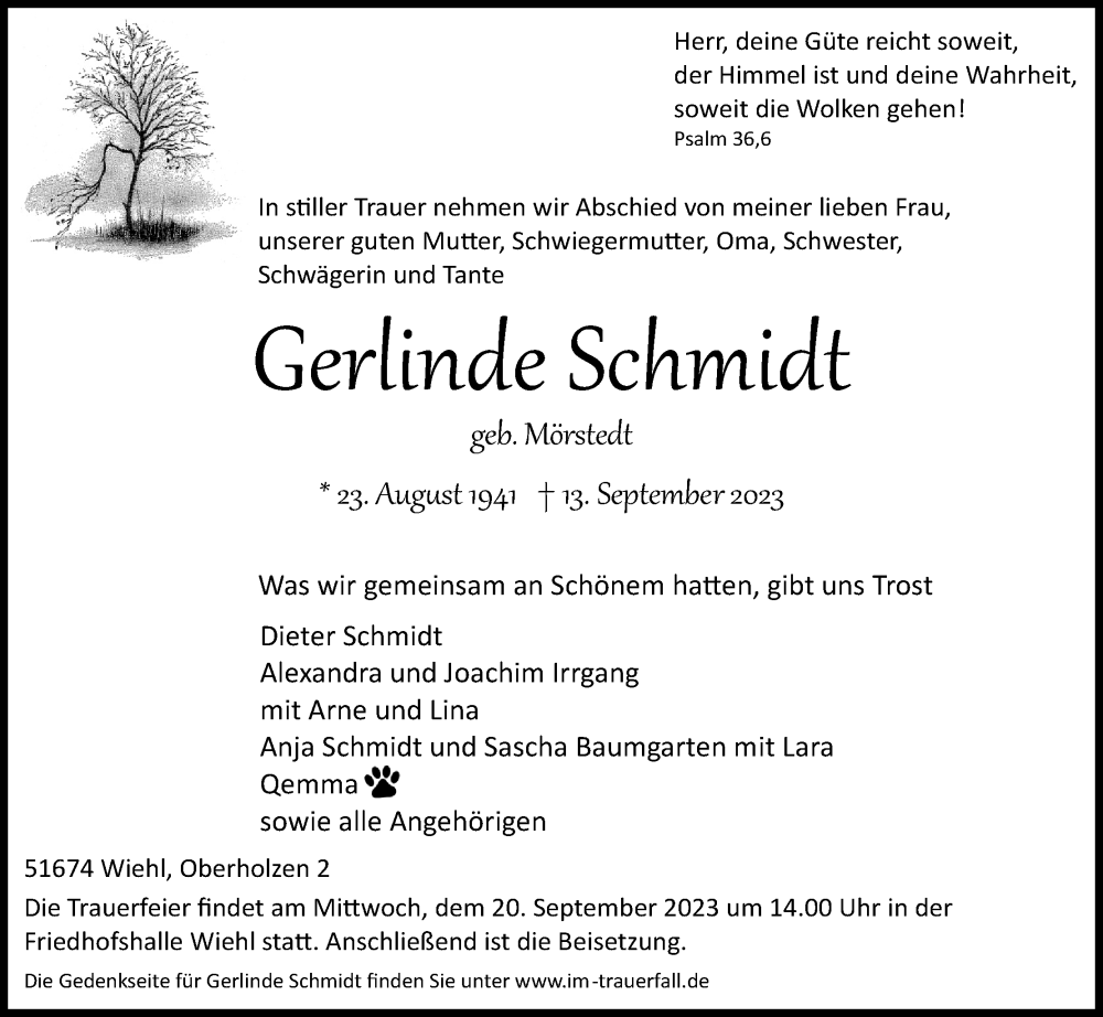  Traueranzeige für Gerlinde Schmidt vom 16.09.2023 aus Kölner Stadt-Anzeiger / Kölnische Rundschau / Express