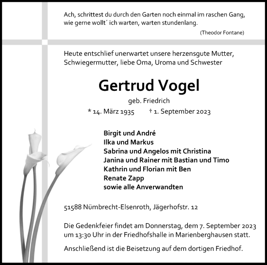 Anzeige von Gertrud Vogel von Kölner Stadt-Anzeiger / Kölnische Rundschau / Express