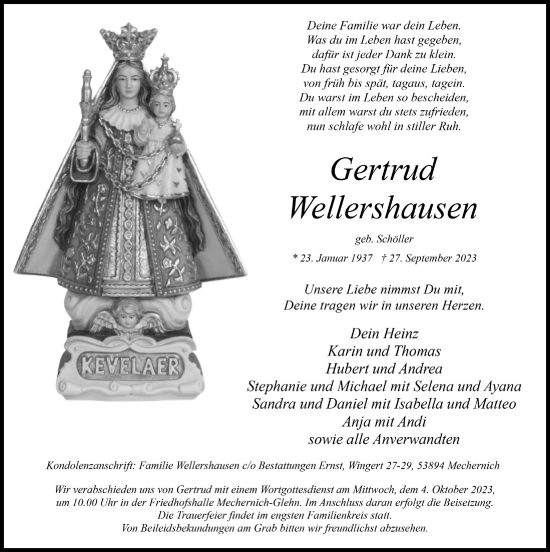 Anzeige von Gertrud Wellershausen von  Blickpunkt Euskirchen 