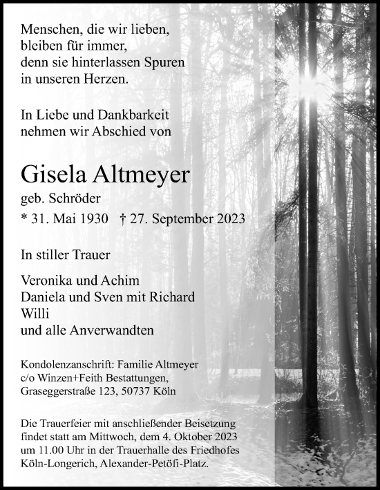 Anzeige von Gisela Altmeyer von Kölner Stadt-Anzeiger / Kölnische Rundschau / Express