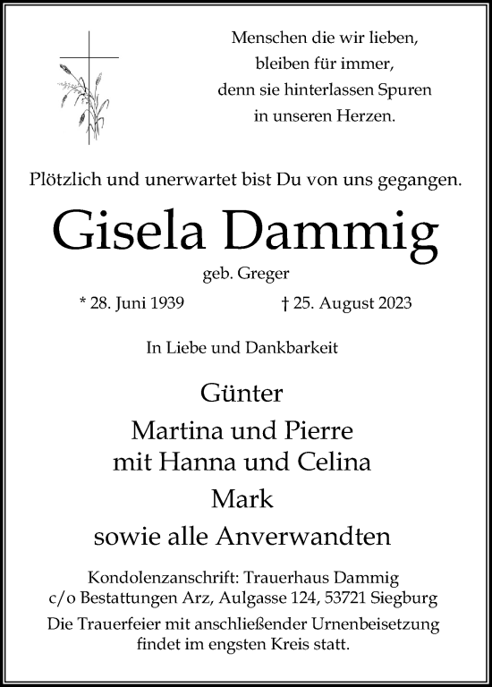 Anzeige von Gisela Dammig von Kölner Stadt-Anzeiger / Kölnische Rundschau / Express
