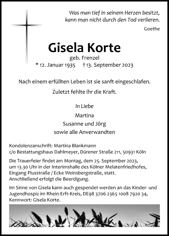 Anzeige von Gisela Korte von Kölner Stadt-Anzeiger / Kölnische Rundschau / Express