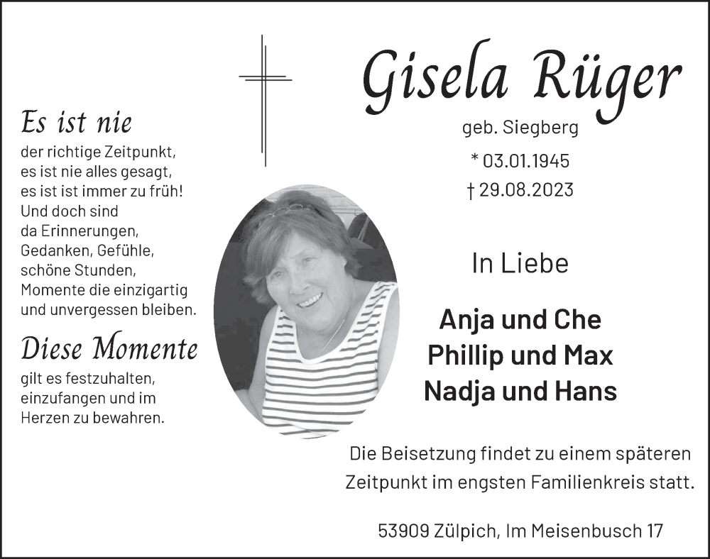  Traueranzeige für Gisela Rüger vom 02.09.2023 aus  Blickpunkt Euskirchen 