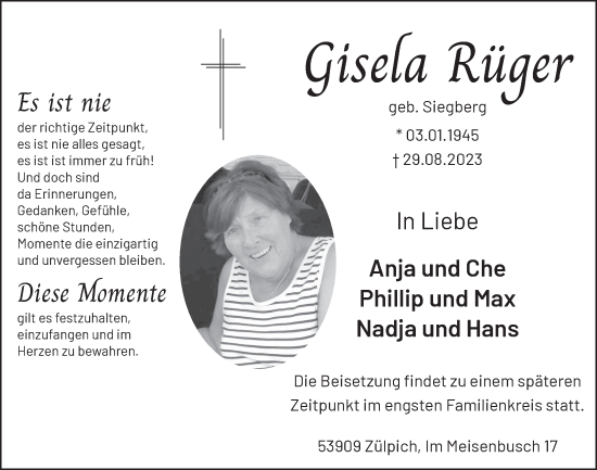 Anzeige von Gisela Rüger von  Blickpunkt Euskirchen 