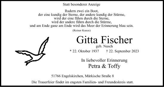 Anzeige von Gitta Fischer von Kölner Stadt-Anzeiger / Kölnische Rundschau / Express