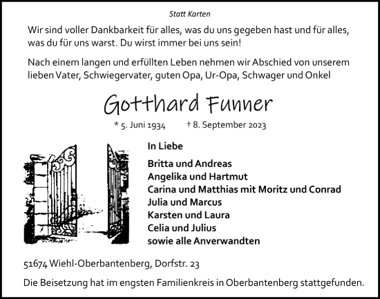 Anzeige von Gotthard Funner von  Anzeigen Echo 