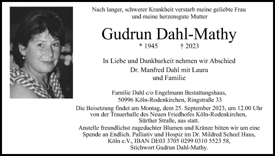 Anzeige von Gudrun Dahl-Mathy von Kölner Stadt-Anzeiger / Kölnische Rundschau / Express