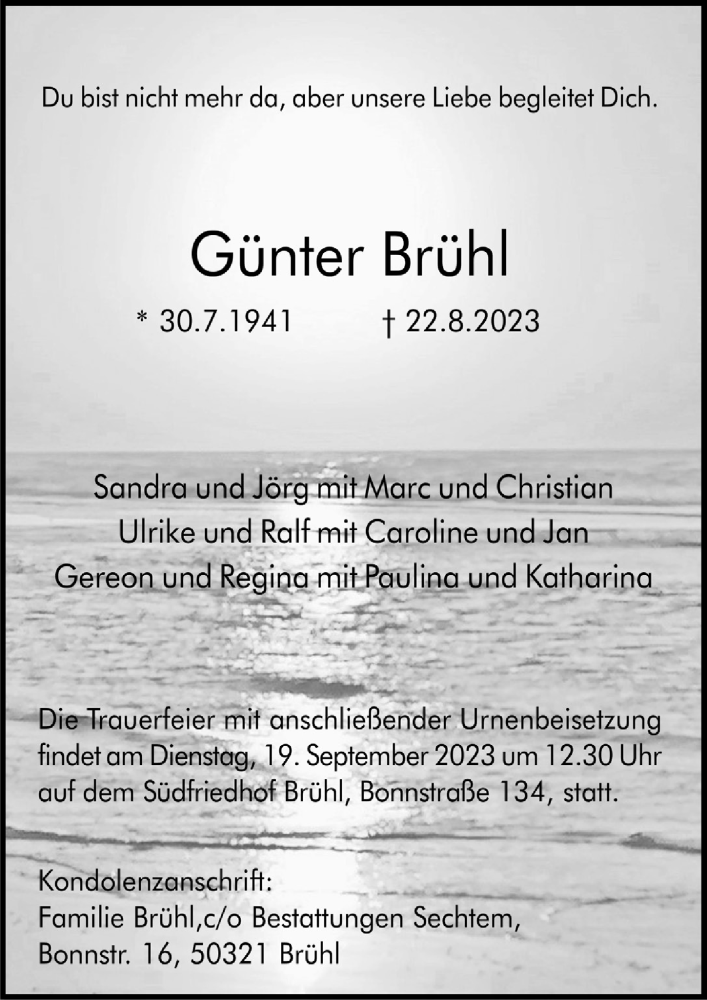  Traueranzeige für Günter Brühl vom 15.09.2023 aus  Schlossbote/Werbekurier 