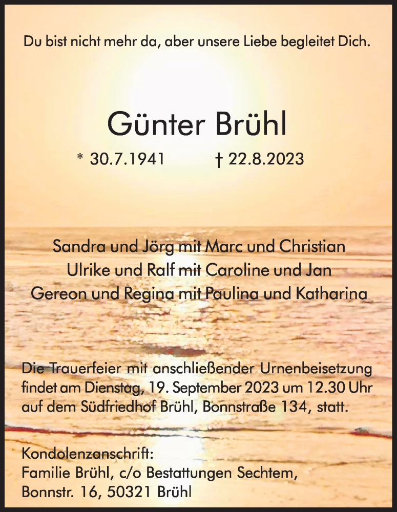  Traueranzeige für Günter Brühl vom 09.09.2023 aus Kölner Stadt-Anzeiger / Kölnische Rundschau / Express