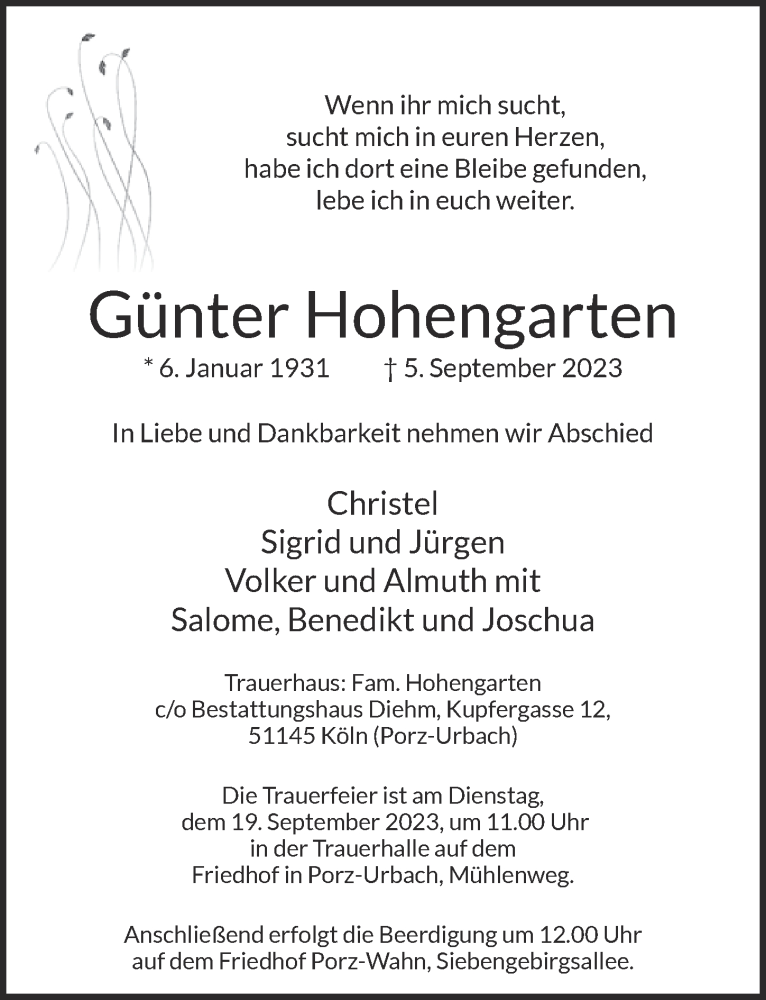  Traueranzeige für Günter Hohengarten vom 15.09.2023 aus  EXPRESS - Die Woche 