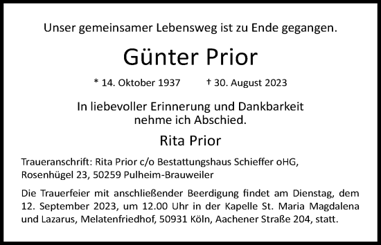 Anzeige von Günter Prior von Kölner Stadt-Anzeiger / Kölnische Rundschau / Express