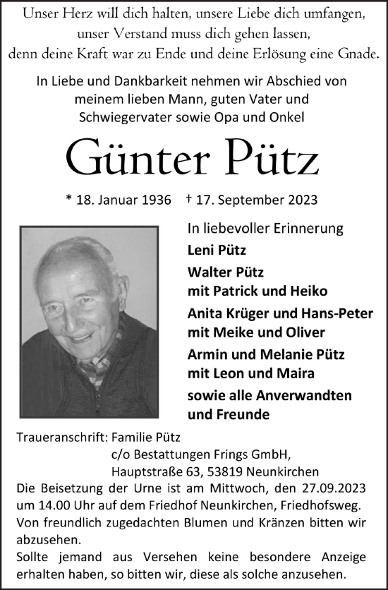 Anzeige von Günter Pütz von  Extra Blatt 