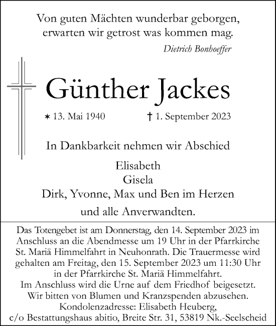 Anzeige von Günther Jackes von Kölner Stadt-Anzeiger / Kölnische Rundschau / Express