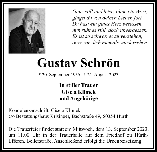 Anzeige von Gustav Schrön von Kölner Stadt-Anzeiger / Kölnische Rundschau / Express