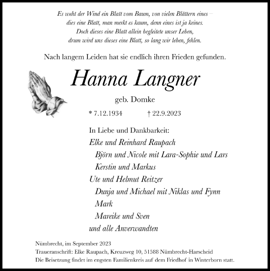 Anzeige von Hanna Langner von  Lokalanzeiger 