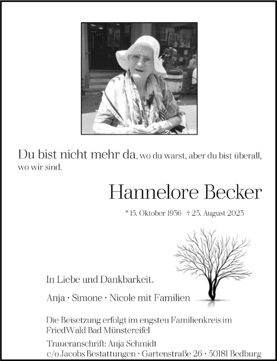 Anzeige von Hannelore Becker von  Blickpunkt Euskirchen 