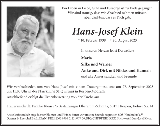 Anzeige von Hans-Josef Klein von  Werbepost 