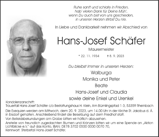 Anzeige von Hans-Josef Schäfer von  Schaufenster/Blickpunkt 