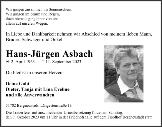 Anzeige von Hans-Jürgen Asbach von  Anzeigen Echo 