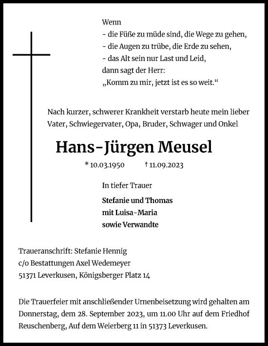 Anzeige von Hans-Jürgen Meusel von Kölner Stadt-Anzeiger / Kölnische Rundschau / Express