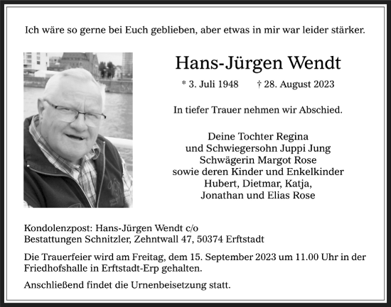 Anzeige von Hans-Jürgen Wendt von  Werbepost 