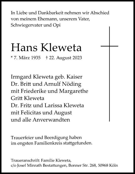 Anzeige von Hans Kleweta von Kölner Stadt-Anzeiger / Kölnische Rundschau / Express