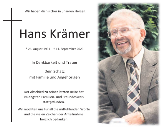 Anzeige von Hans Krämer von Kölner Stadt-Anzeiger / Kölnische Rundschau / Express