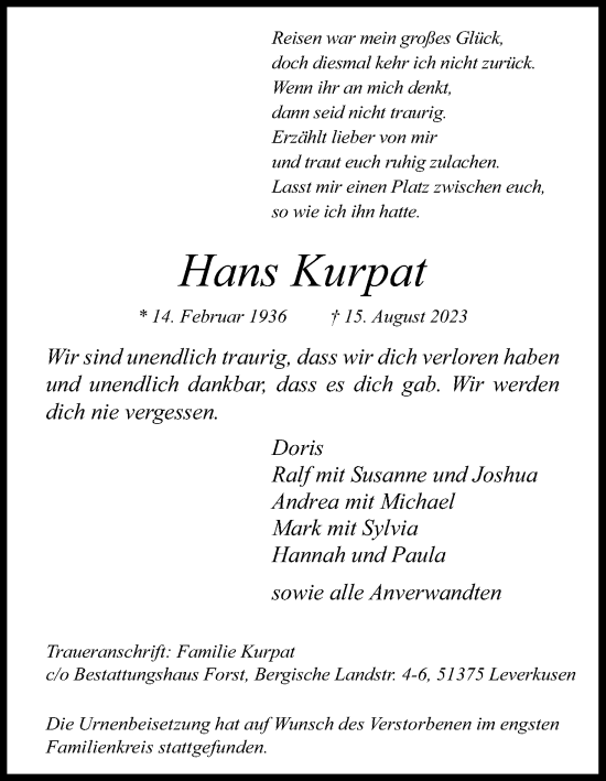 Anzeige von Hans Kurpat von Kölner Stadt-Anzeiger / Kölnische Rundschau / Express