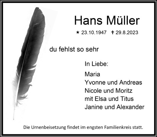 Anzeige von Hans Müller von  Wochenende 