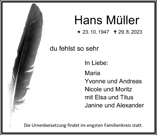 Anzeige von Hans Müller von Kölner Stadt-Anzeiger / Kölnische Rundschau / Express