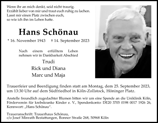 Anzeige von Hans Schönau von Kölner Stadt-Anzeiger / Kölnische Rundschau / Express